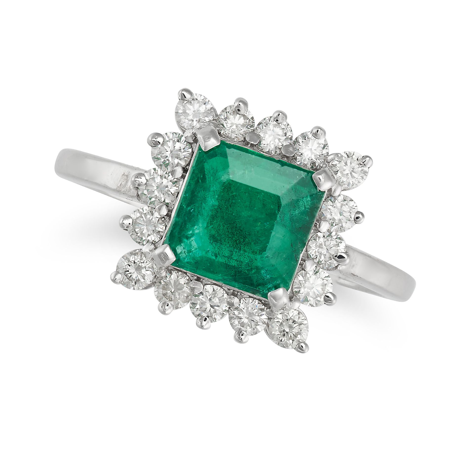 AN EMERALD AND DIAMOND CLUSTER RING set with an octagonal step cut emerald of approximately 1.37 ...