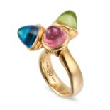 A GEMSET RING set with an articulated cabochon blue topaz, pink tourmaline and peridot, stamped 7...