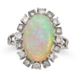 AN OPAL AND DIAMOND CLUSTER RING set with an oval cabochon opal in a cluster of round brilliant c...