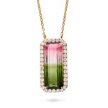 A WATERMELON TOURMALINE AND DIAMOND PENDANT NECKLACE the pendant set with an octagonal step cut w...