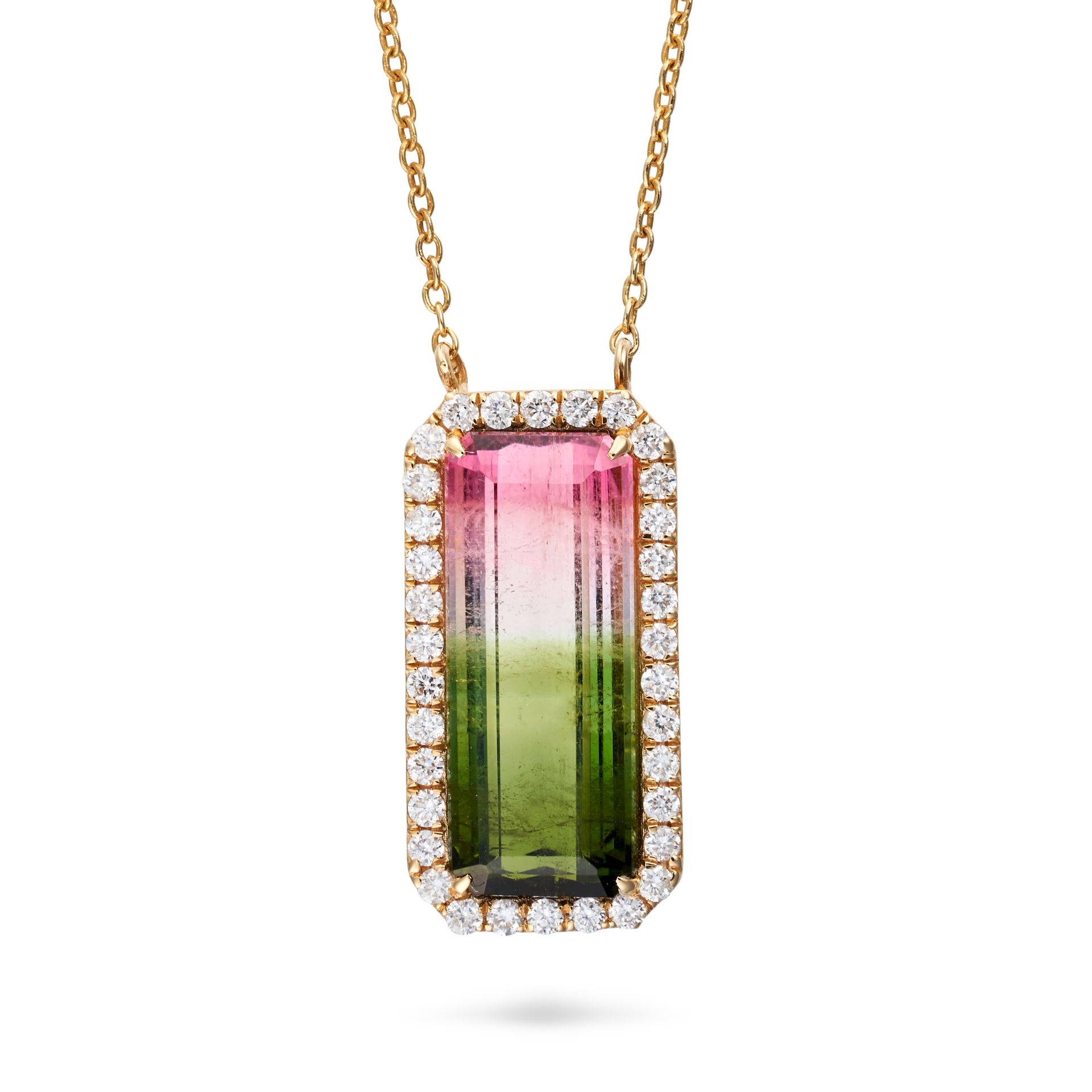 A WATERMELON TOURMALINE AND DIAMOND PENDANT NECKLACE the pendant set with an octagonal step cut w...