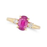 A BURMA NO HEAT RUBY AND DIAMOND THREE STONE RING set with an oval cut ruby of 2.14 carats, accen...