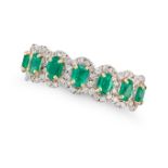 AN EMERALD AND DIAMOND HALF ETERNITY RING in 18ct white gold, half set with a row of oval cut eme...