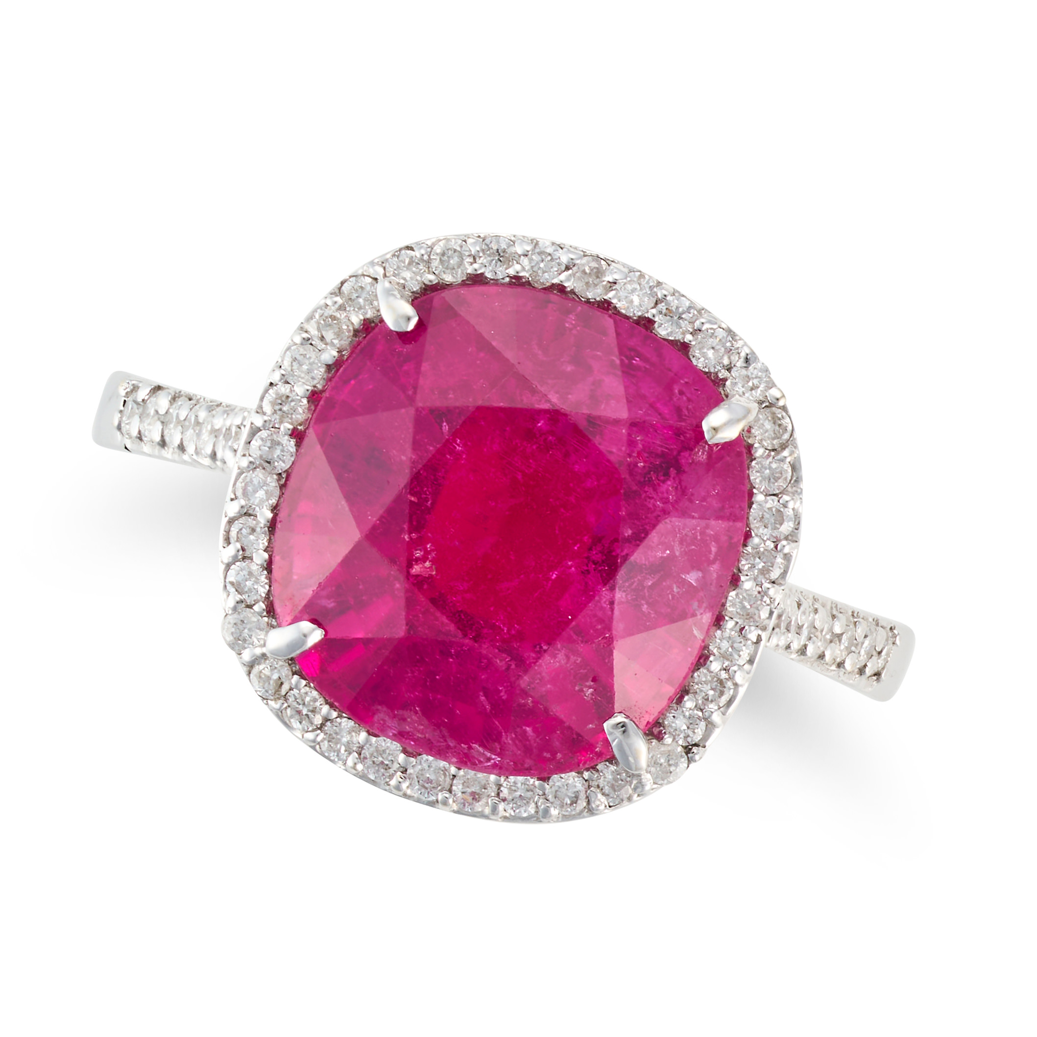 A PINK TOURMALINE AND DIAMOND RING set with a cushion cut pink tourmaline of 5.03 carats in a bor...