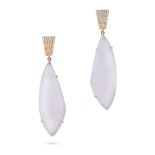 A PAIR OF LILAC CHALCEDONY AND DIAMOND DROP EARRINGS each pave set with round cut diamonds, suspe...