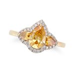 A YELLOW DIAMOND DRESS RING set with three pear cut yellow diamonds in a border of round cut diam...