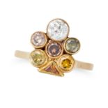 A FANCY COLOURED DIAMOND DRESS RING set with a cluster of round cut yellow, green and brown diamo...