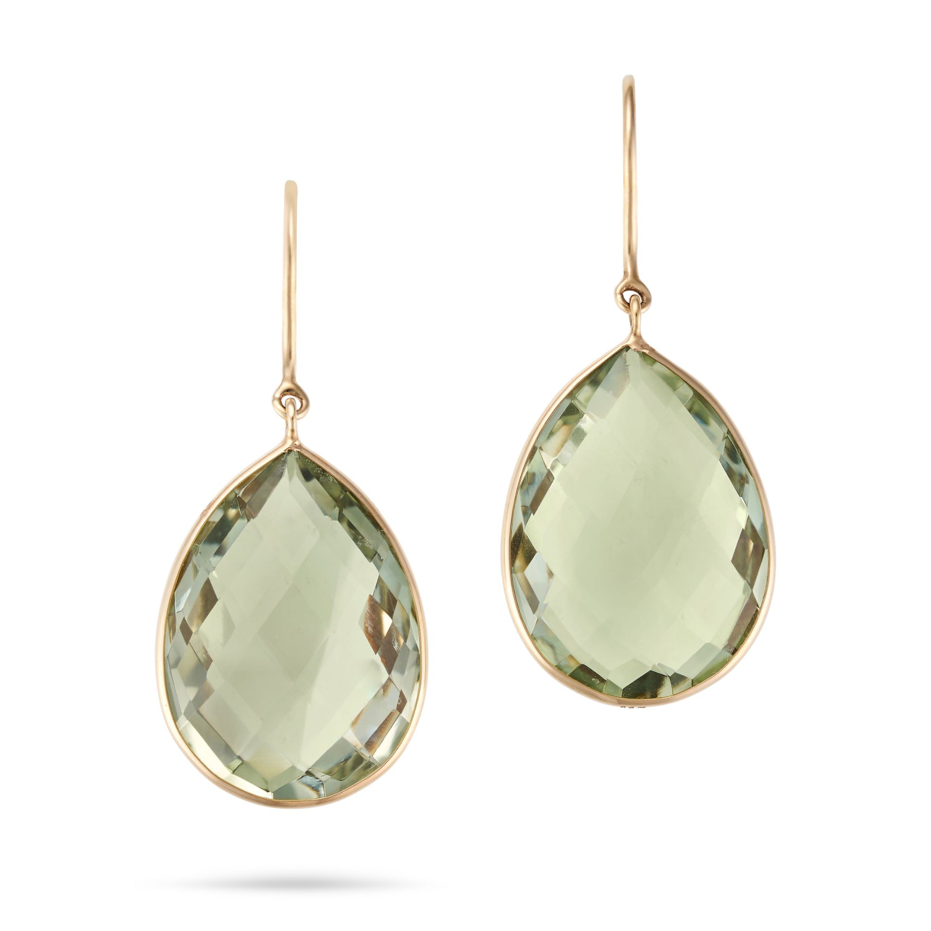 A PAIR OF PRASIOLITE DROP EARRINGS each set with a faceted prasiolite drop, stamped 14K, 3.8cm, 6...