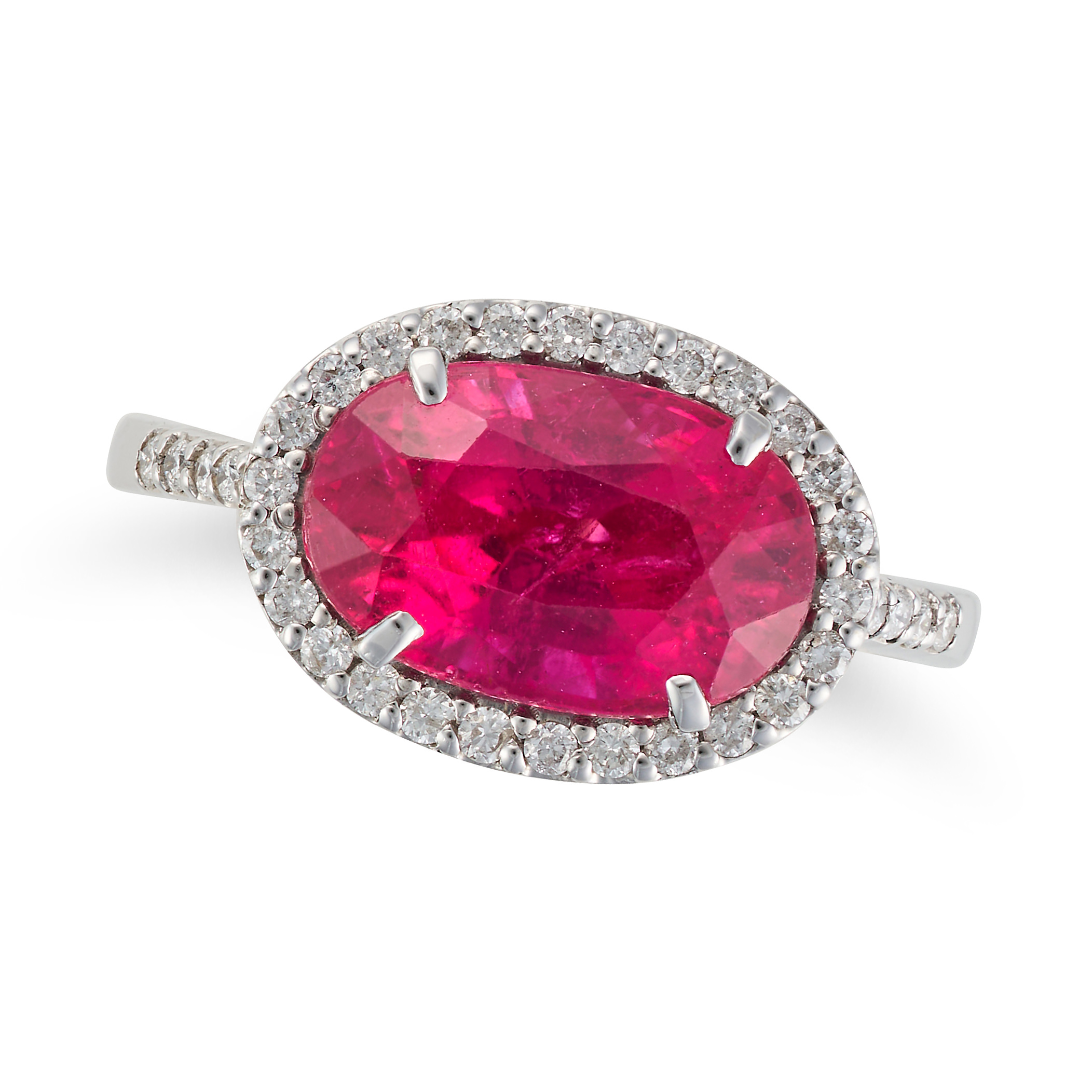 A PINK TOURMALINE AND DIAMOND RING set with an oval cut pink tourmaline of 3.19 carats in a borde...