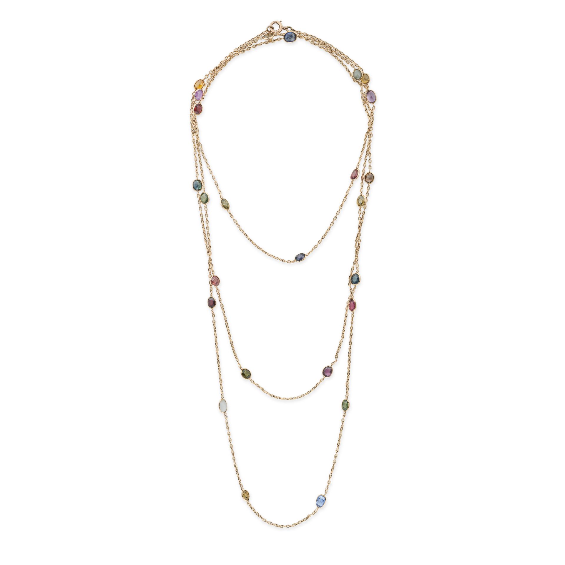 AN ANTIQUE MULTIGEM HARLEQUIN SAUTOIR NECKLACE in 9ct yellow gold, comprising a trace chain set w...
