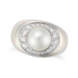 DE BEERS, A PEARL AND DIAMOND RING in 18ct white gold, set with a pearl of 9.4mm in a border of r...