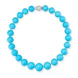 A TURQUOISE AND DIAMOND NECKLACE comprising a row of graduating polished turquoise beads, the cla...