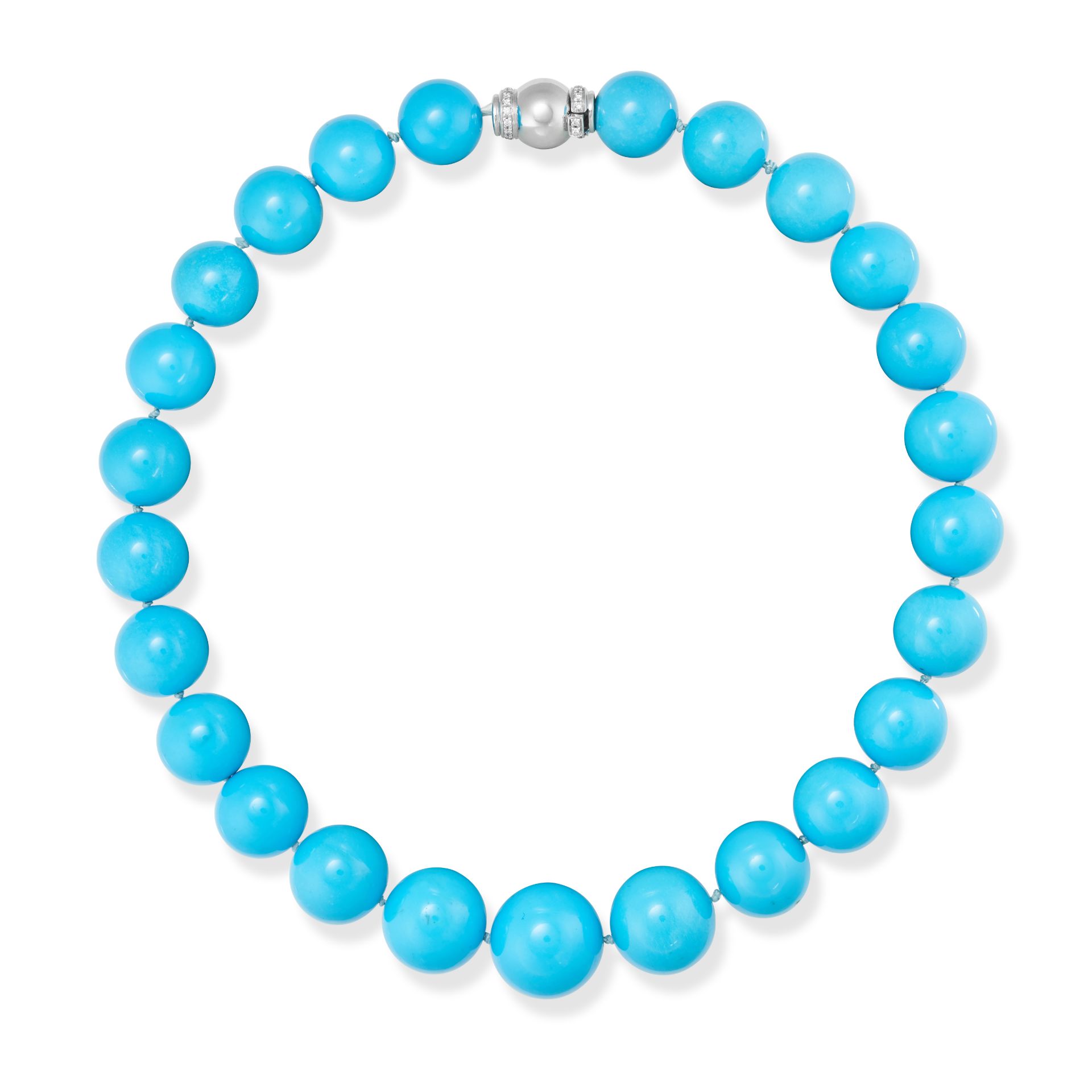 A TURQUOISE AND DIAMOND NECKLACE comprising a row of graduating polished turquoise beads, the cla...