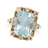 AN AQUAMARINE AND DIAMOND RING set with an octagonal step cut aquamarine of approximately 7.37 ca...