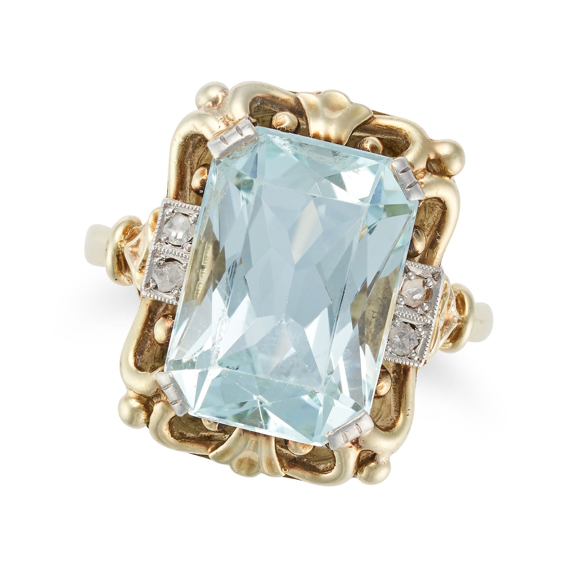 AN AQUAMARINE AND DIAMOND RING set with an octagonal step cut aquamarine of approximately 7.37 ca...