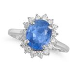 A SAPPHIRE AND DIAMOND CLUSTER RING set with an oval cut sapphire of approximately 2.57 carats in...