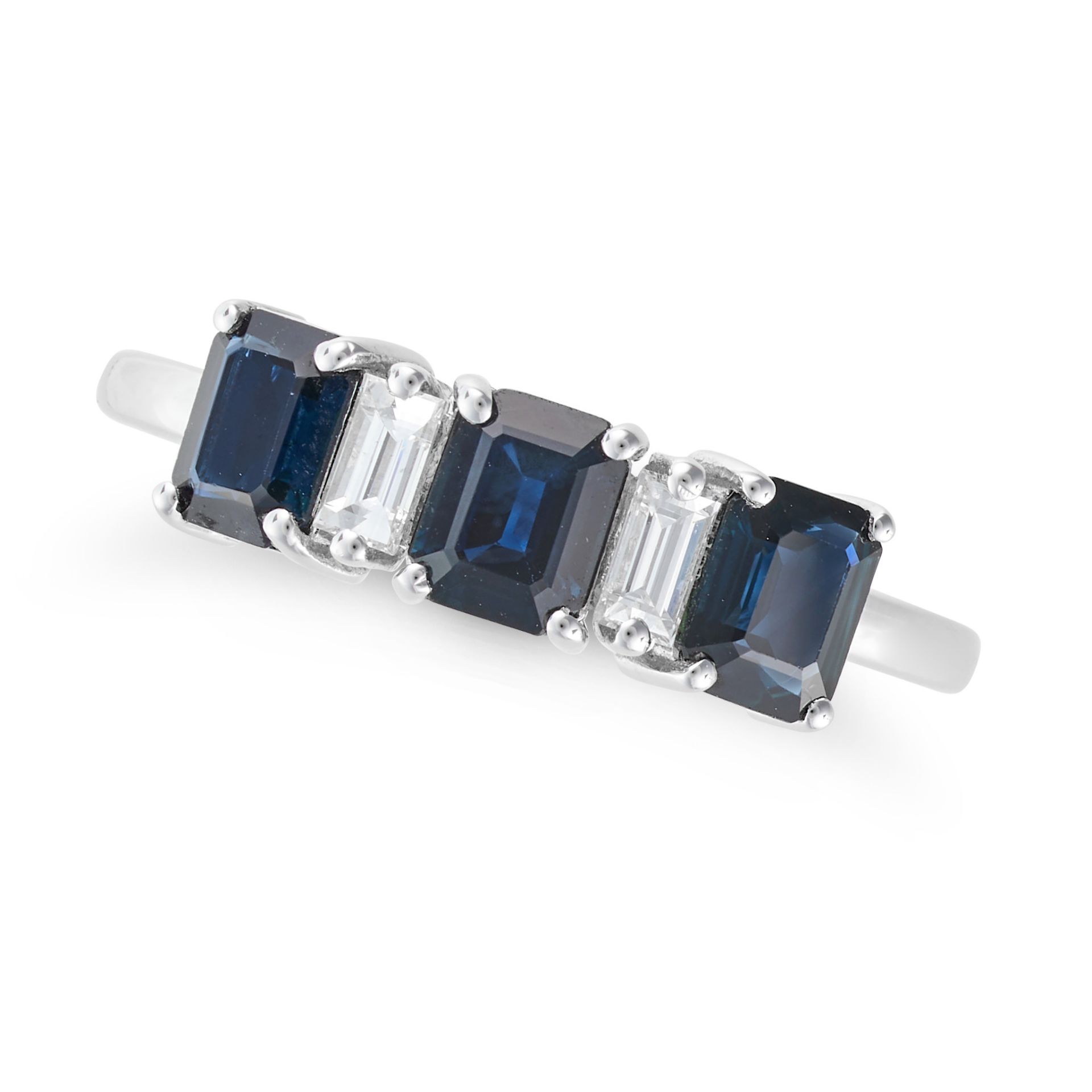 A SAPPHIRE AND DIAMOND RING in 18ct white gold, set with a row of alternating rectangular step cu...