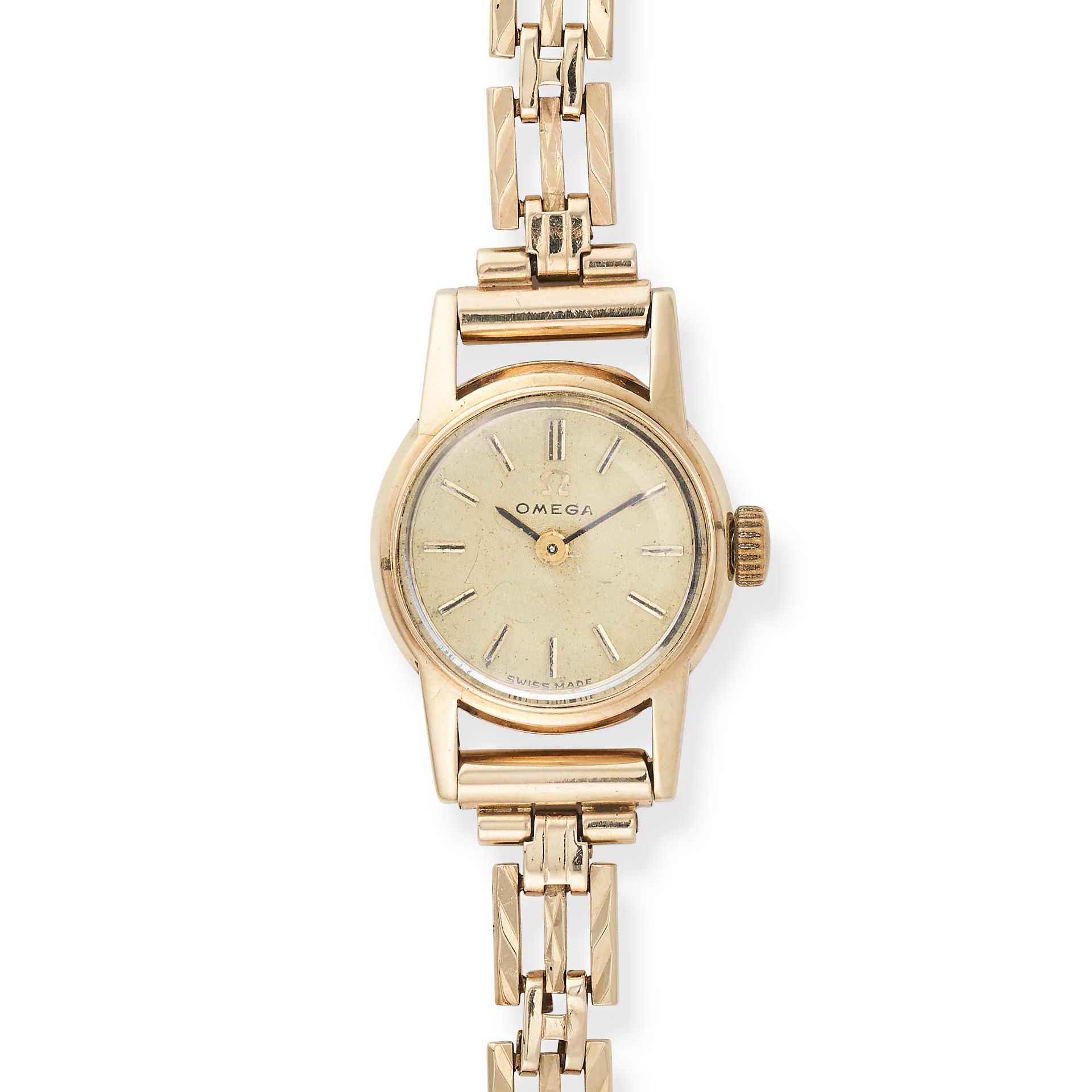 NO RESERVE - OMEGA, A LADIES WRISTWATCH in 9ct yellow gold, circular case surrounding a champagne...