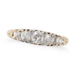 AN ANTIQUE DIAMOD FIVE STONE RING in 18ct yellow gold, set with five old European cut diamonds, a...