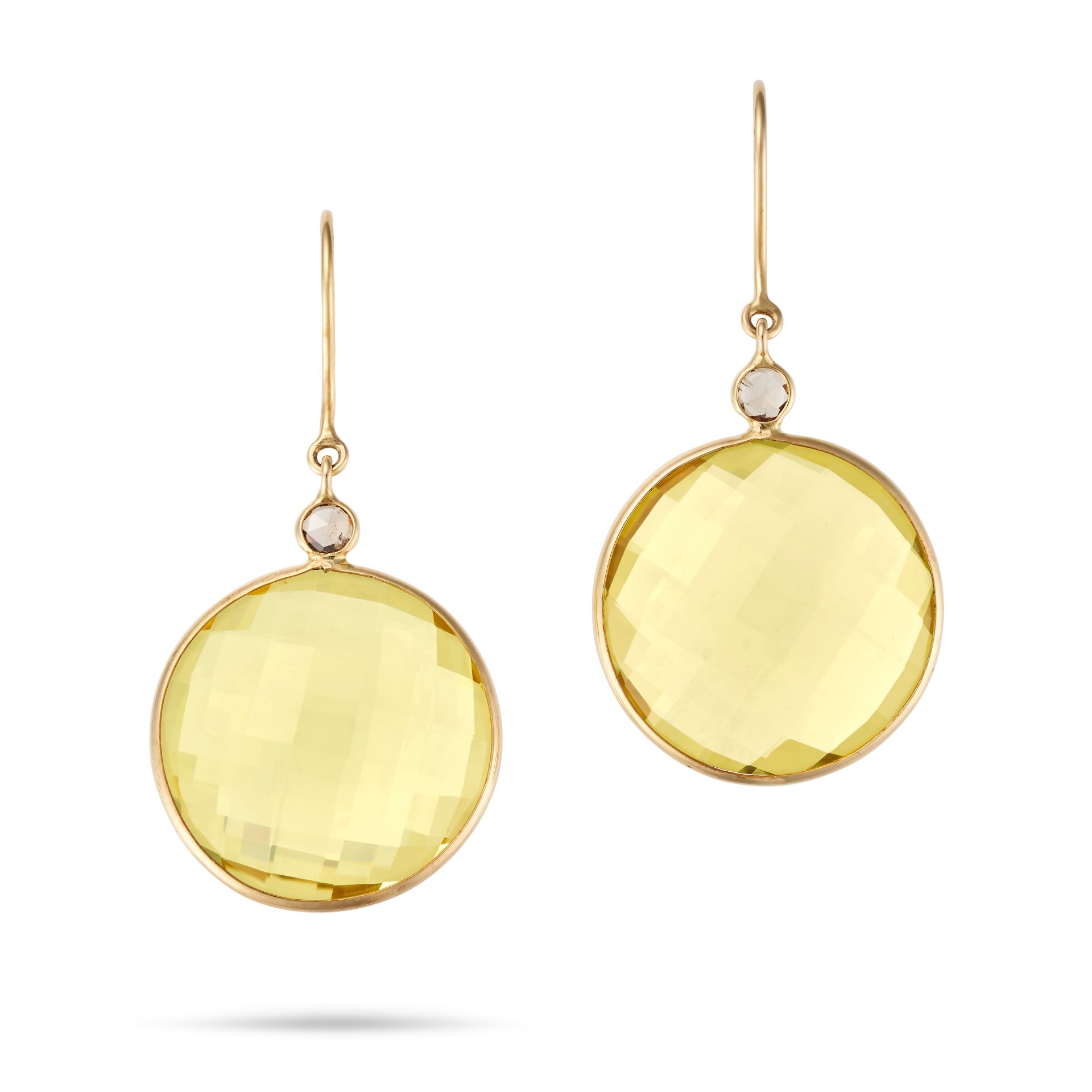 A PAIR OF DIAMOND AND LEMON QUARTZ DROP EARRINGS each set with a rose cut diamond suspending a fa...