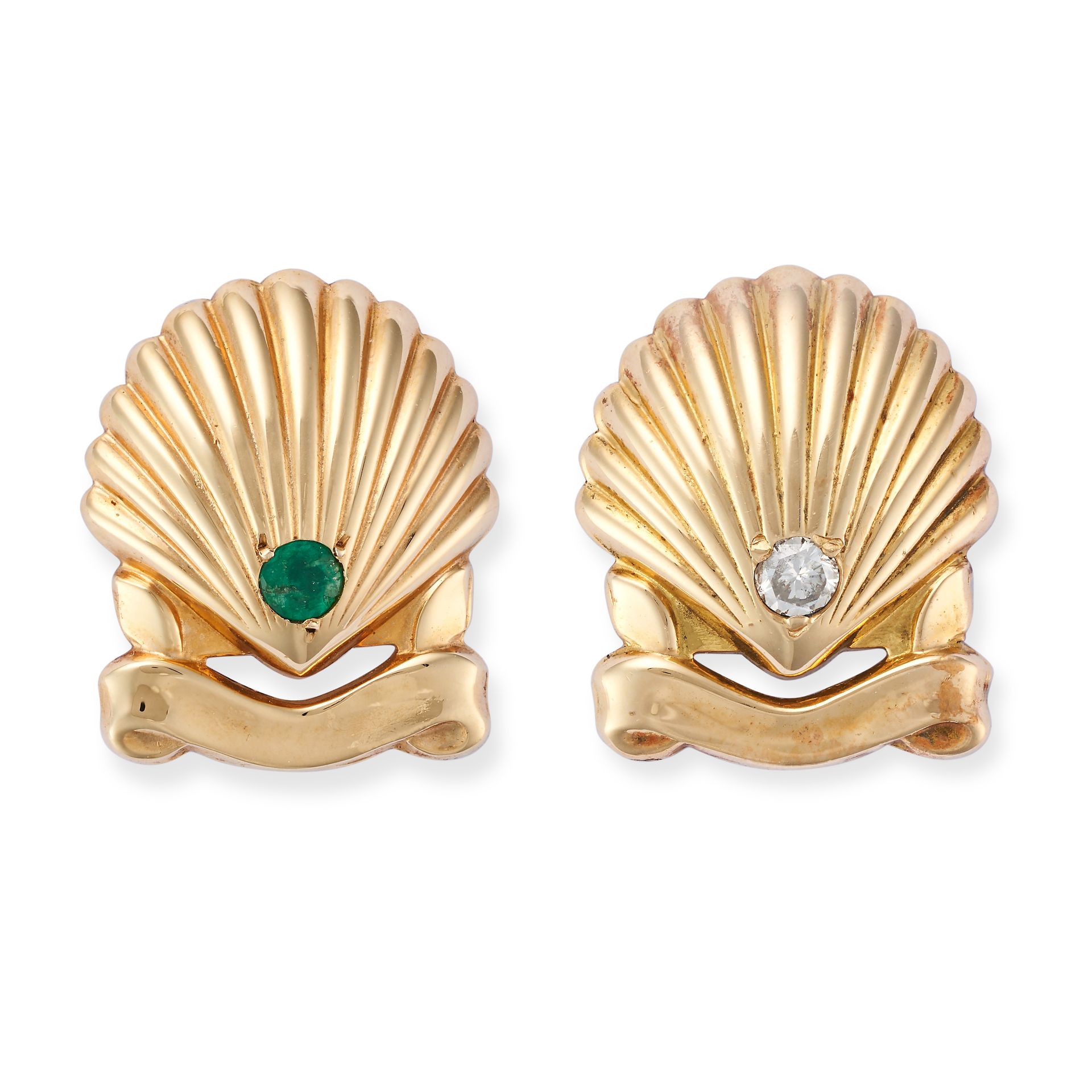 CARTIER, A PAIR OF WEDDING ANNIVERSARY PINS in 18ct yellow gold, each designed as a shell, one se...