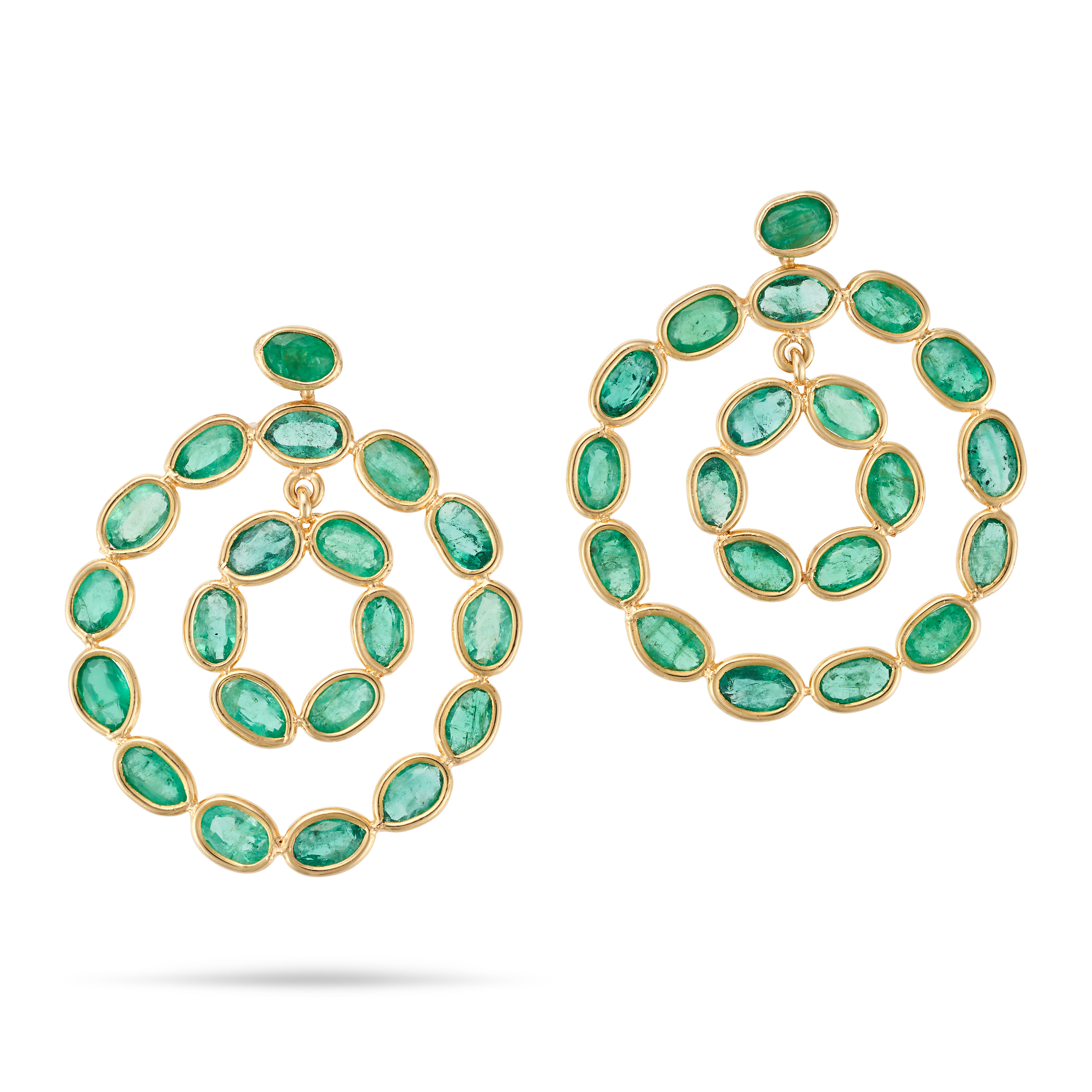 A PAIR OF EMERALD DROP EARRINGS each set with an oval cut emerald suspending two concentric hoops...