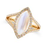 A MOONSTONE AND DIAMOND RING set with a marquise shaped cabochon moonstone in a border of round c...