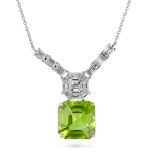 A PERIDOT AND DIAMOND PENDANT NECKLACE the pendant comprising an illusion set cluster of octagona...