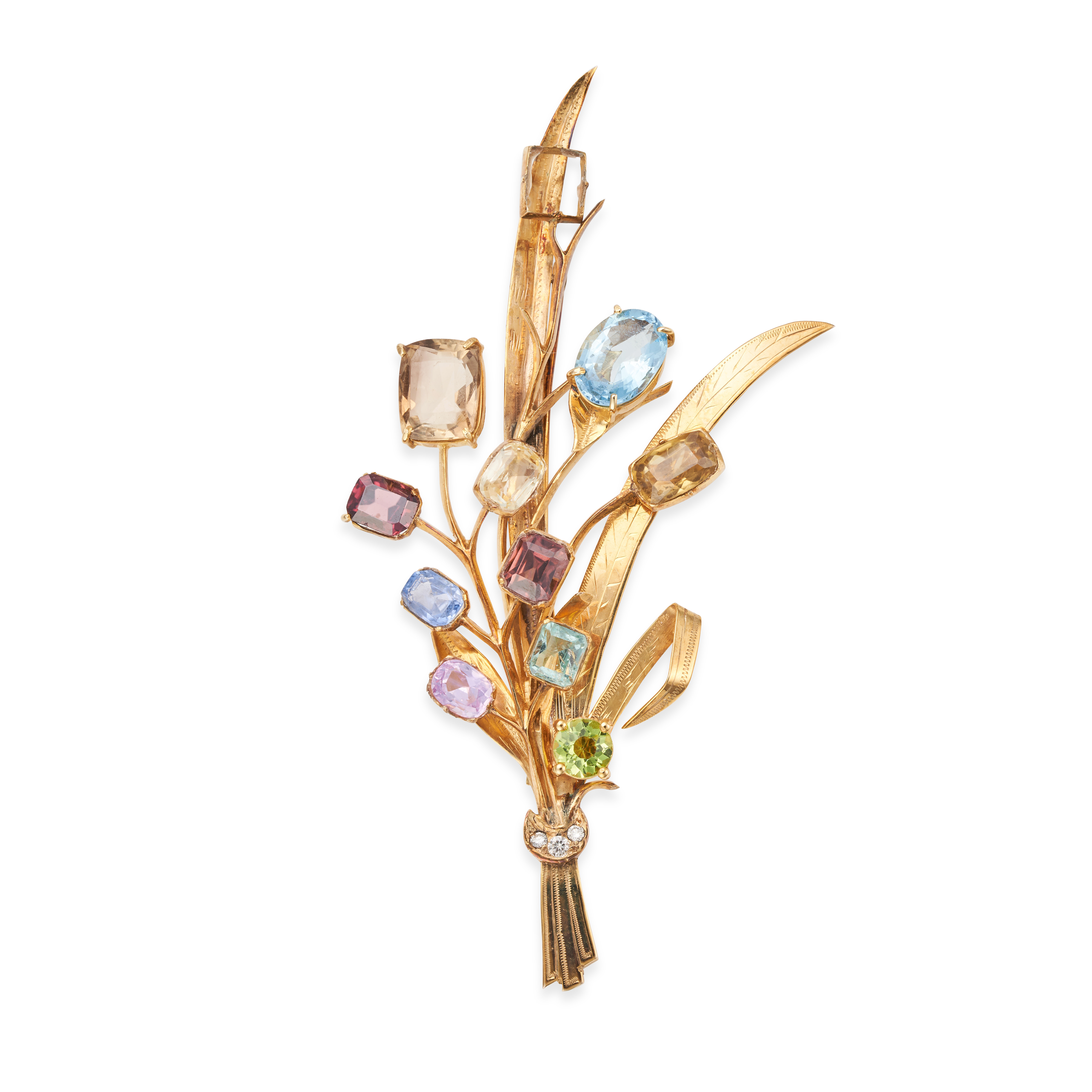 A VINTAGE GEMSET SPRAY BROOCH in yellow gold, designed as a spray of foliage set with yellow, pin...