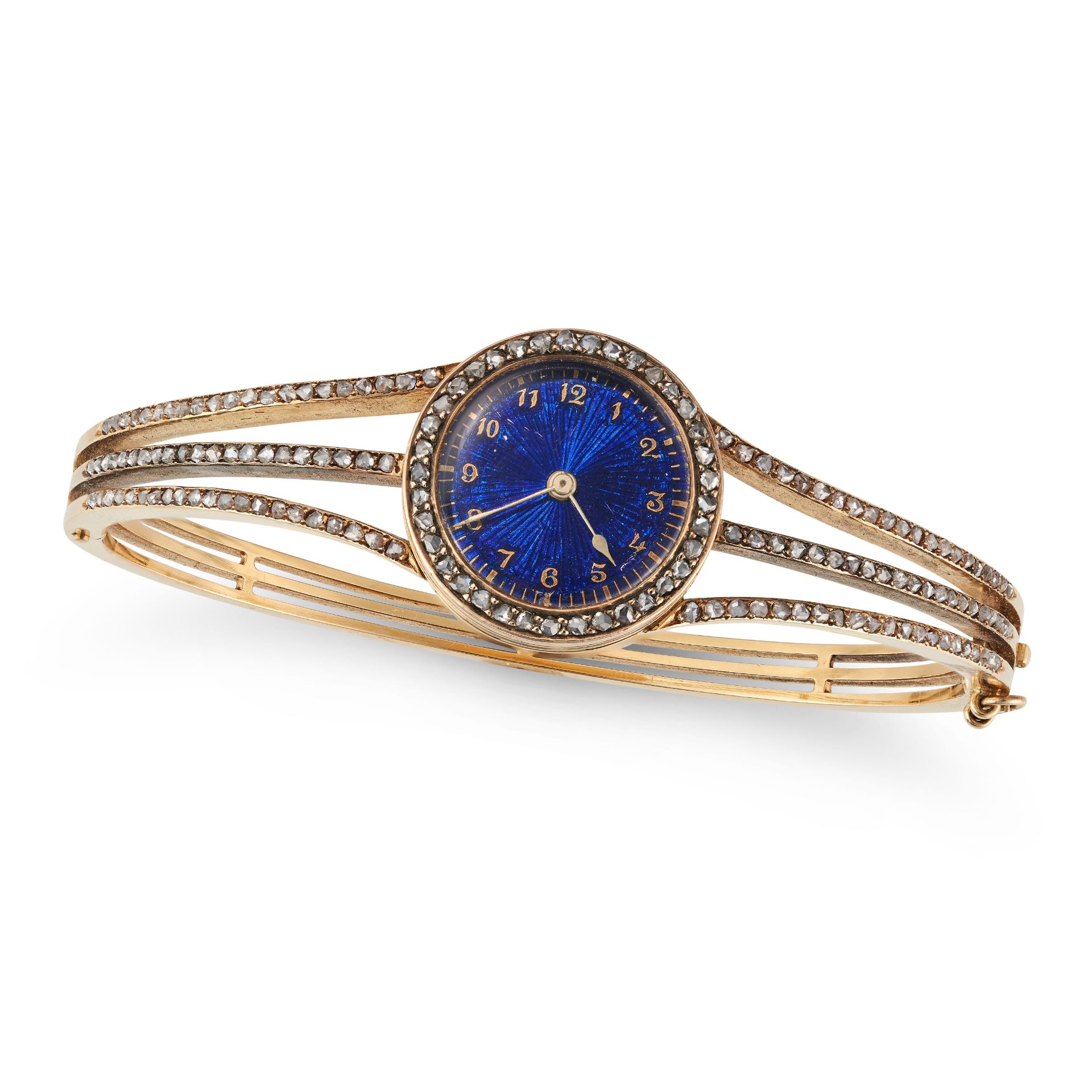 AN ANTIQUE DIAMOND WATCH BANGLE in yellow gold, the circular dial decorated with blue guilloche e...