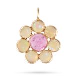 A PINK TOURMALINE AND OPAL FLORAL PENDANT set with a central round cabochon pink tourmaline, surr...