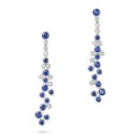 A PAIR OF SAPPHIRE AND DIAMOND DROP EARRINGS each comprising a row of round cut sapphires and rou...
