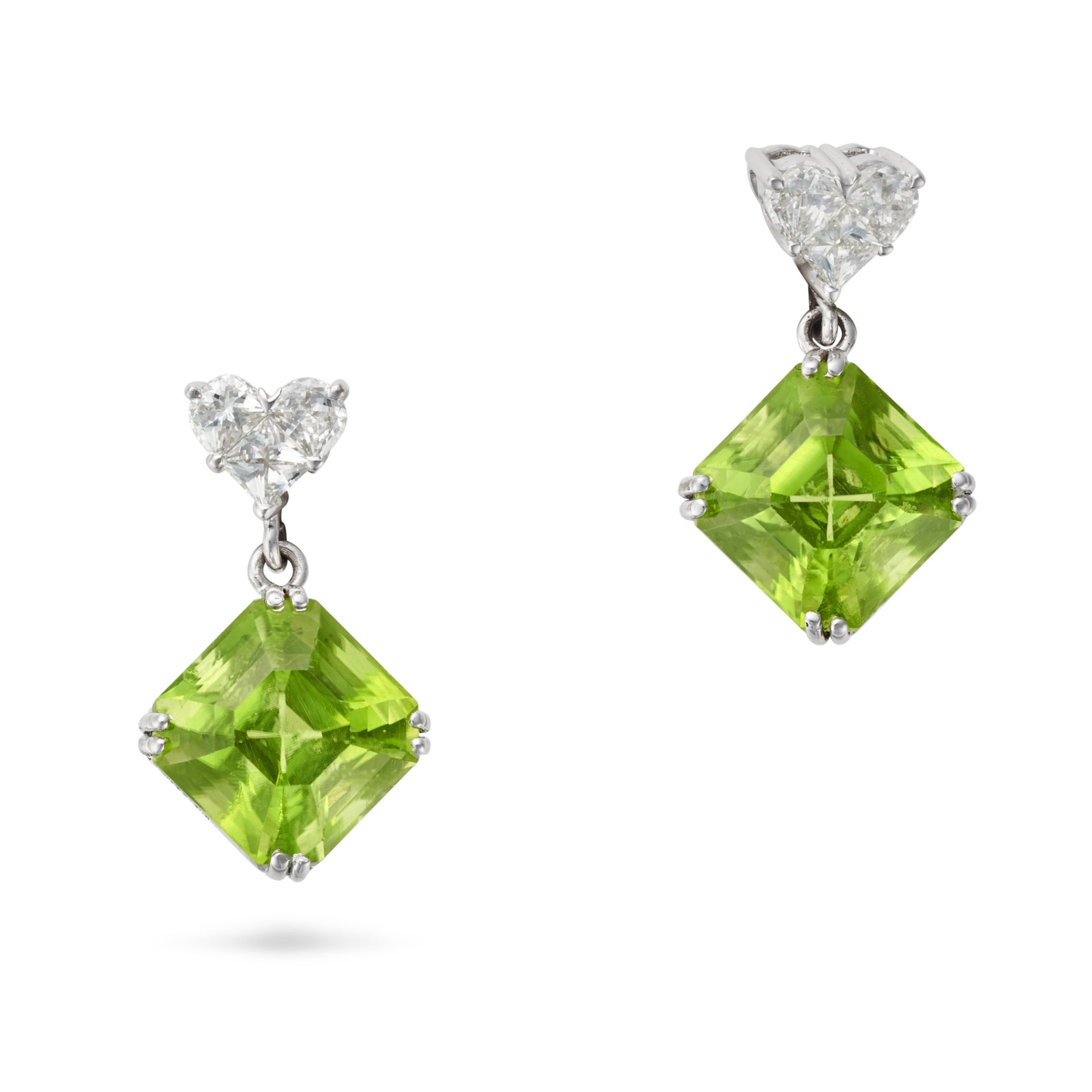 A PAIR OF PERIDOT AND DIAMOND DROP EARRINGS each set with a heart shaped cluster of half moon cut...