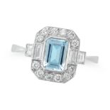 AN AQUAMARINE AND DIAMOND RING set with an octagonal step cut aquamarine in a border of round bri...