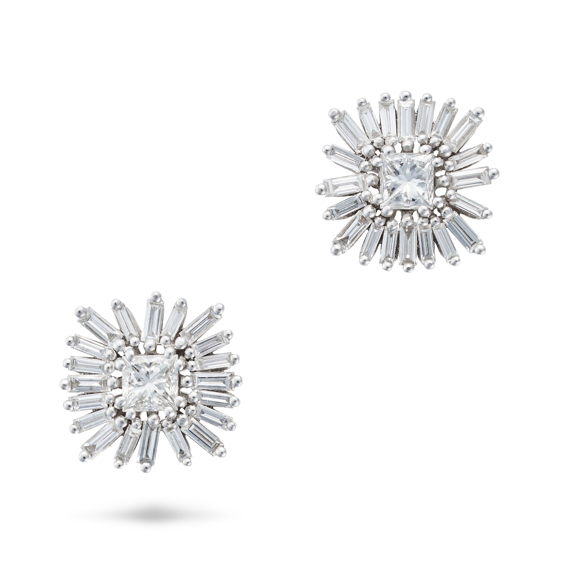 SUSAN KALAN, A PAIR OF DIAMOND CLUSTER EARRINGS in 18ct white gold, each set with a princess cut ...