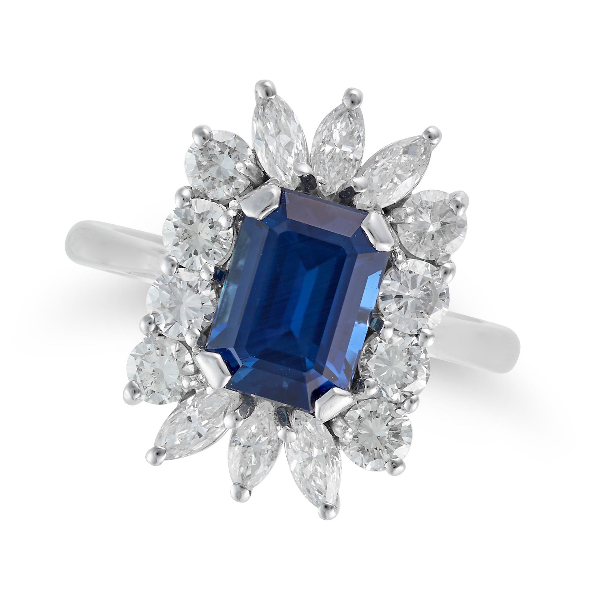 A SAPPHIRE AND DIAMOND CLUSTER RING set with an octagonal step cut sapphire of approximately 2.80...