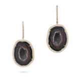 A PAIR OF QUARTZ GEODE AND DIAMOND DROP EARRINGS each designed as a hoop set with a row of round ...