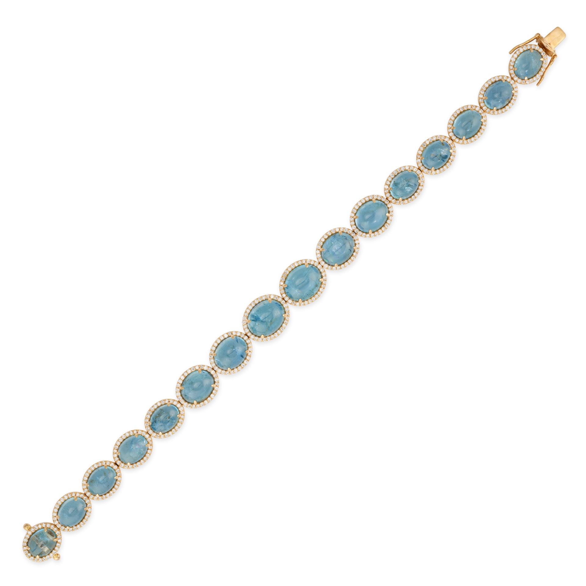 AN AQUAMARINE AND DIAMOND BRACELET set with a row of of oval cabochon aquamarines in orders of ro...