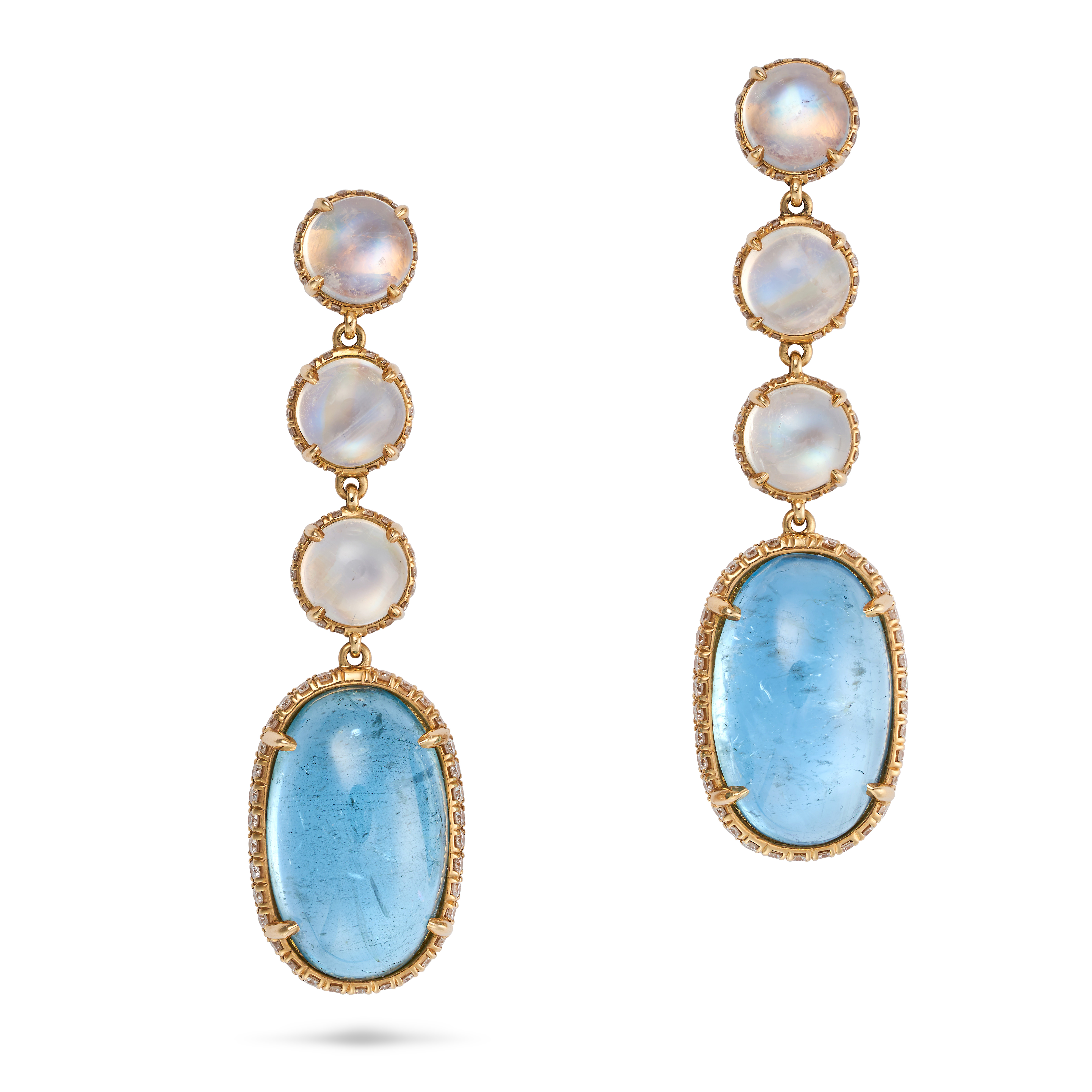 A PAIR OF AQUAMARINE, RAINBOW MOONSTONE AND DIAMOND DROP EARRINGS each comprising three round cab... - Image 2 of 2