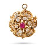 AN ANTIQUE BURMA NO HEAT RUBY AND DIAMOND PENDANT in yellow gold, the scrolling circular pendant ...