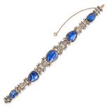 AN ANTIQUE CEYLON NO HEAT SAPPHIRE AND DIAMOND BRACELET in yellow gold and silver, set with five ...