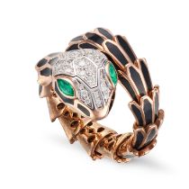 ALEXIS NY, A DIAMOND, EMERALD AND ENAMEL SNAKE RING comprising a row of articulated links decorat...