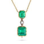 A COLOMBIAN MINOR EMERALD AND DIAMOND PENDANT NECKLACE the pendant set with an octagonal step cut...