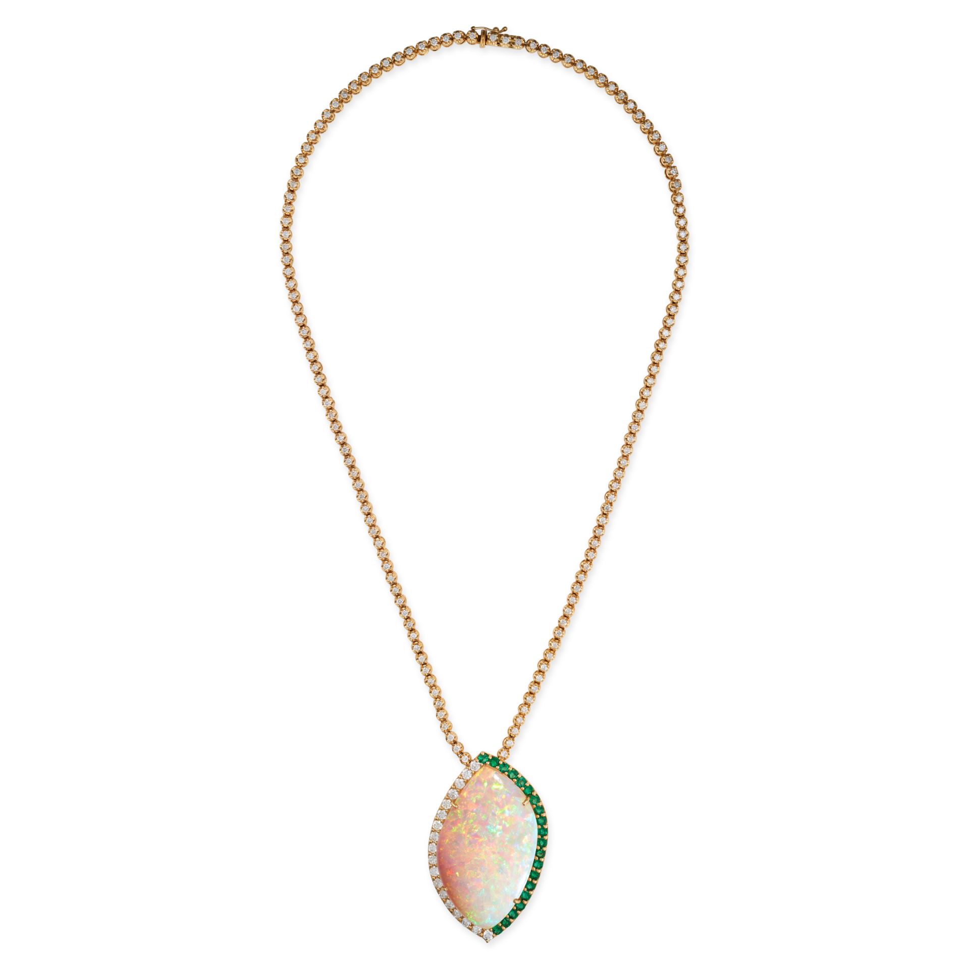 AN OPAL, EMERALD AND DIAMOND PENDANT NECKLACE comprising a row of round brilliant cut diamonds, s...