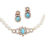M. GERARD, A TURQUOISE, PEARL AND DIAMOND NECKLACE AND EARRINGS SUITE in 18ct yellow gold, the ne...