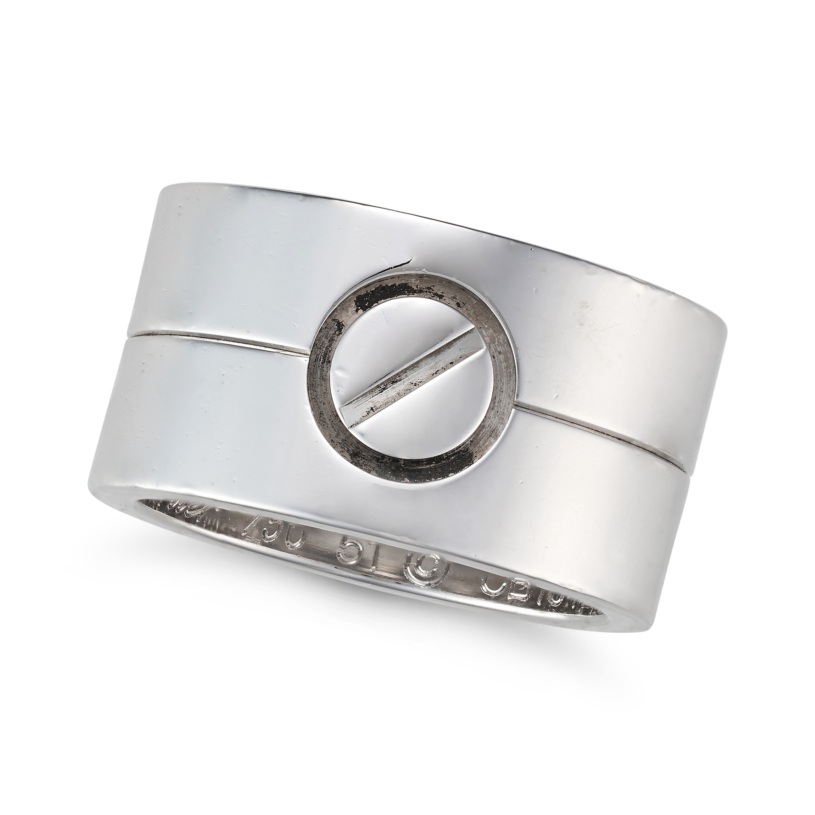 CARTIER, A WIDE LOVE RING in 18ct white gold, the wide band with a single screw motif, signed Car...