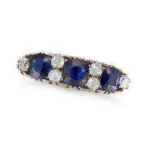 AN ANTIQUE SAPPHIRE AND DIAMOND RING in yellow gold, set with three cushion cut sapphires  accent...