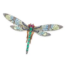 AN EMERALD, DIAMOND, SAPPHIRE, RUBY AND PLIQUE A JOUR ENAMEL DRAGONFLY BROOCH the tail set with a...