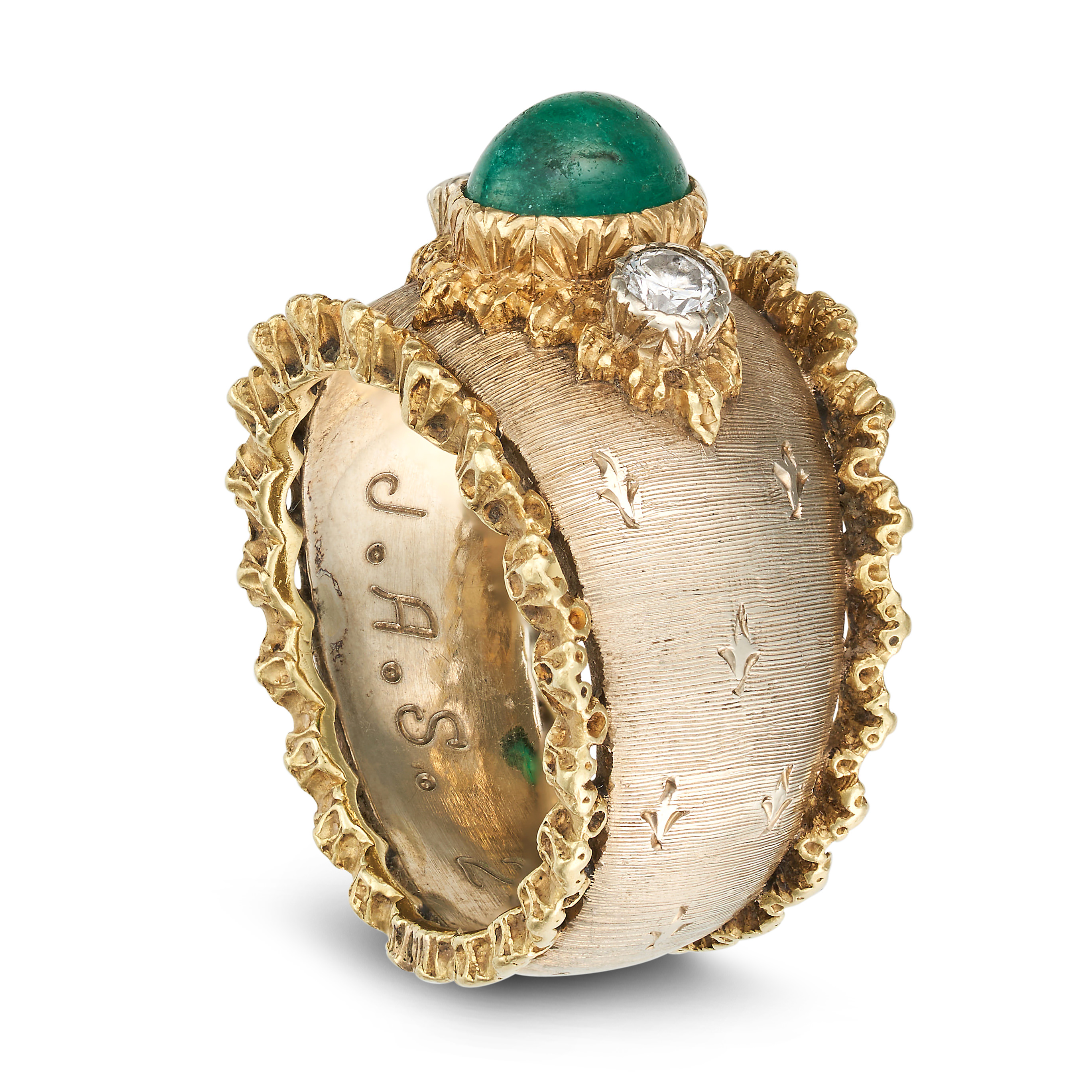BUCCELLATI, AN EMERALD AND DIAMOND RING set with an oval cabochon emerald accented on each side b... - Image 2 of 2