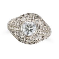 A FRENCH ART DECO DIAMOD BOMBE RING in platinum, set with a transitional cut diamond of approxima...